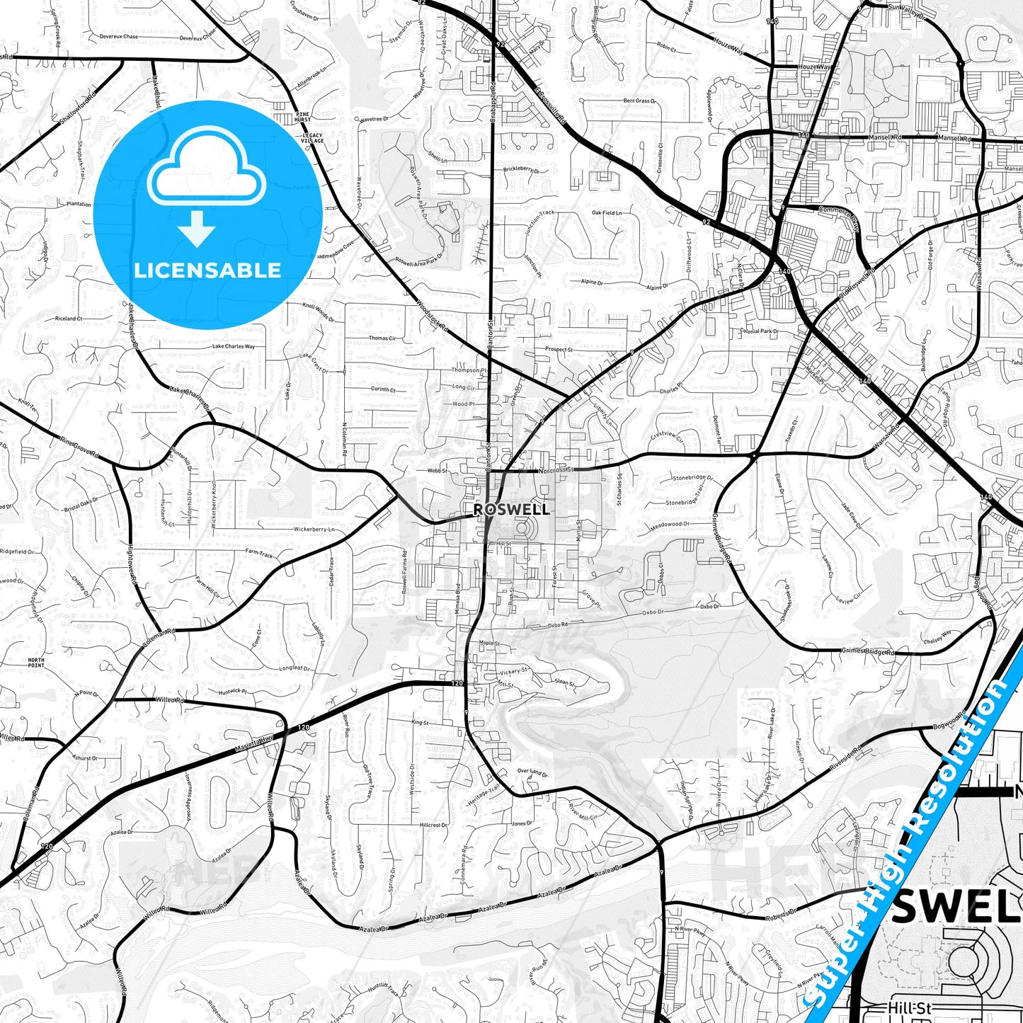 Roswell, Georgia Light Map with Street Names, City Names, and Districts