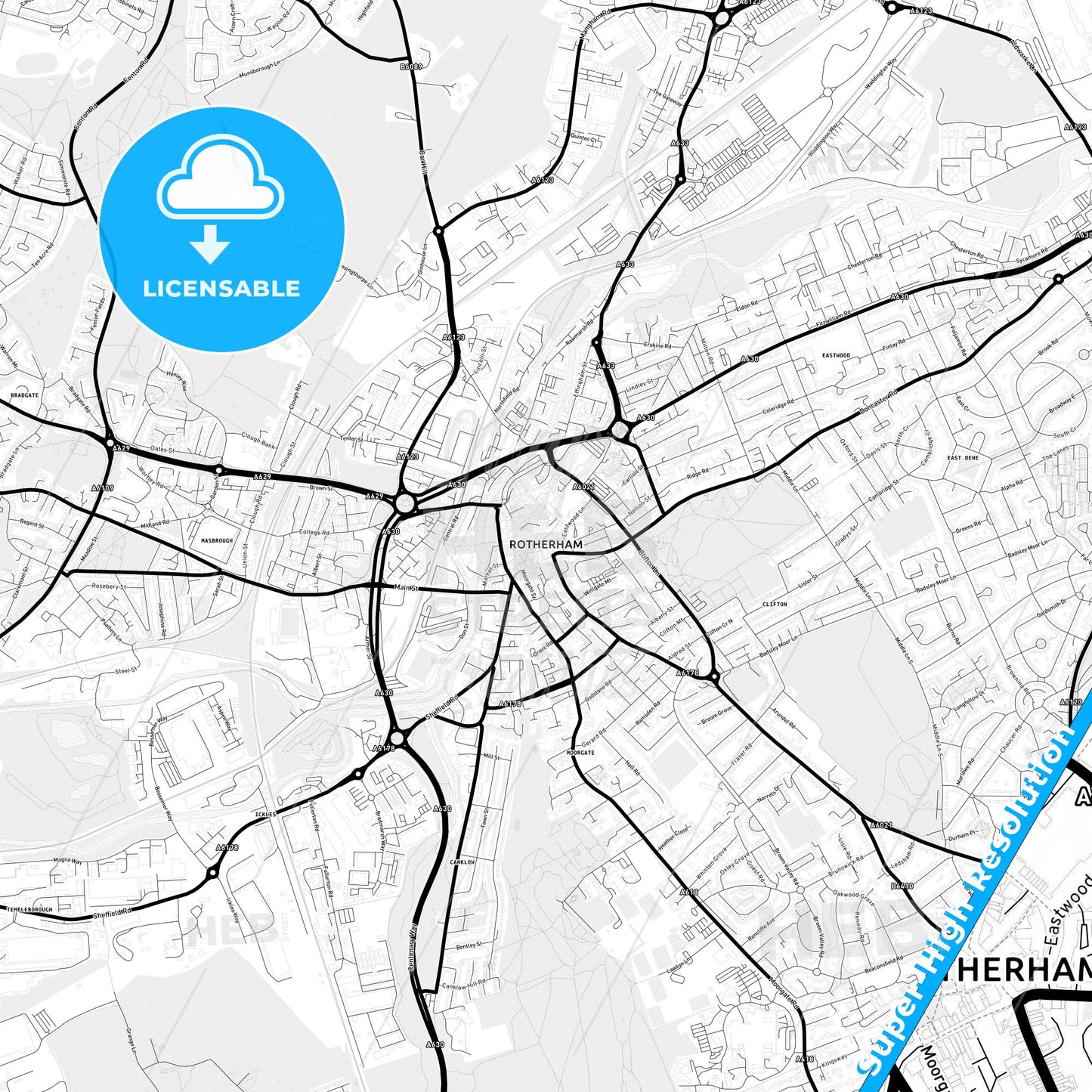 Rotherham, England Light Map with Street Names, City Names, and Districts