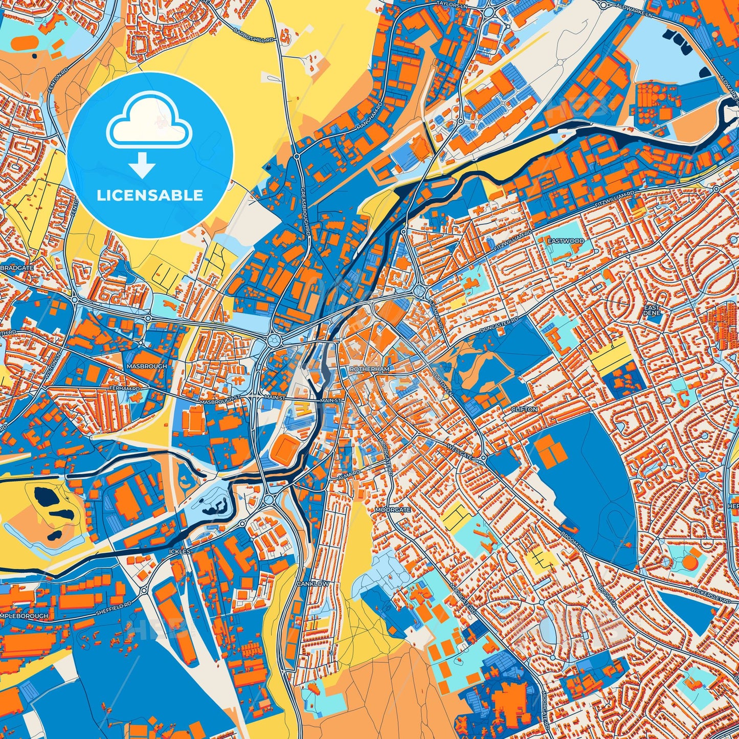 Colorful Rotherham Street Map with Labels and Buildings