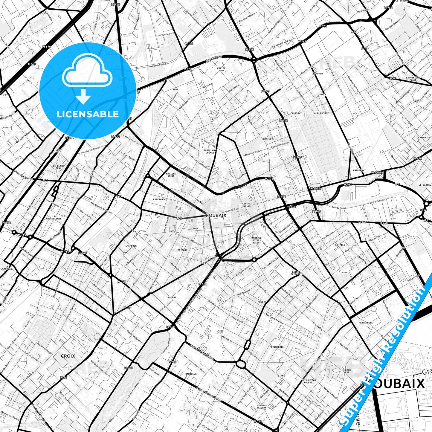 Roubaix, France Light Map with Street Names, City Names, and Districts