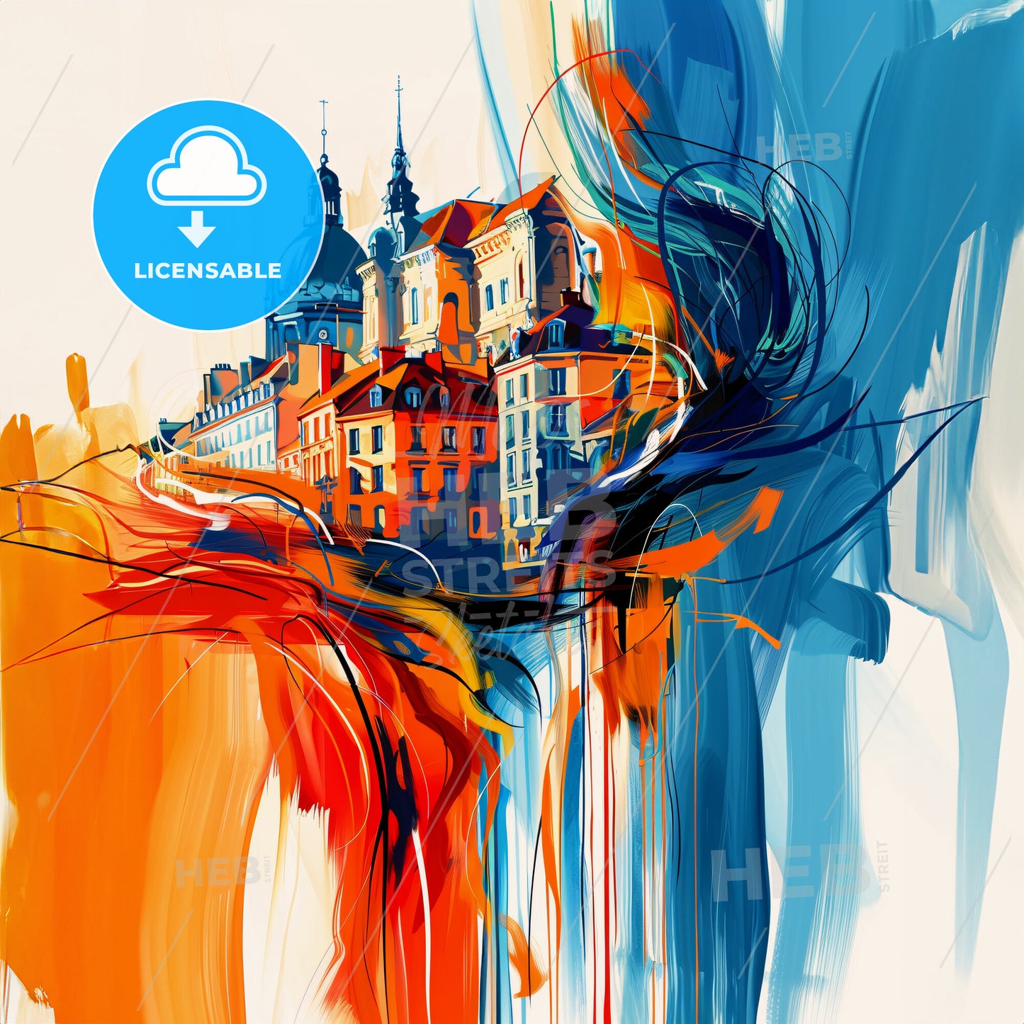 Vibrant Roubaix, France - A Painting Of Buildings And A Blue And Orange Background