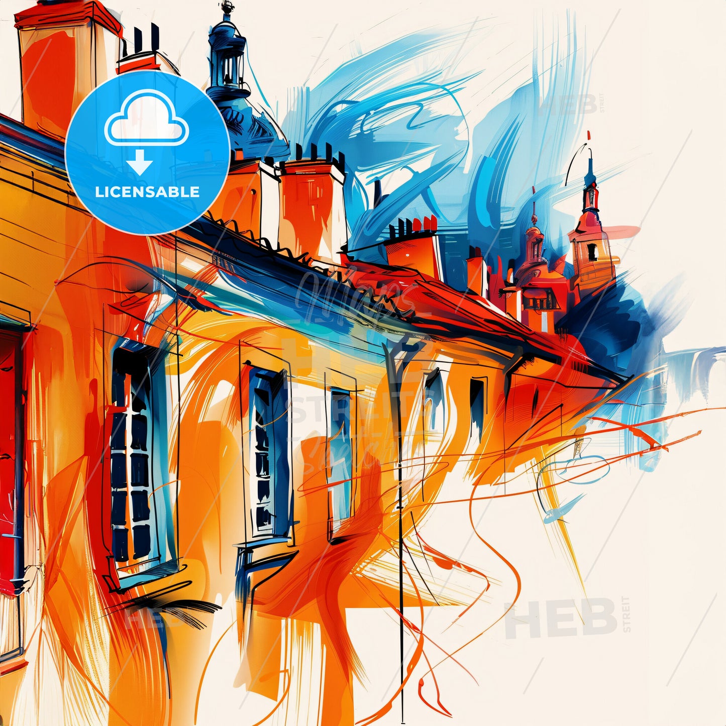Vibrant Roubaix, France - A Painting Of A Building With A Roof And Towers