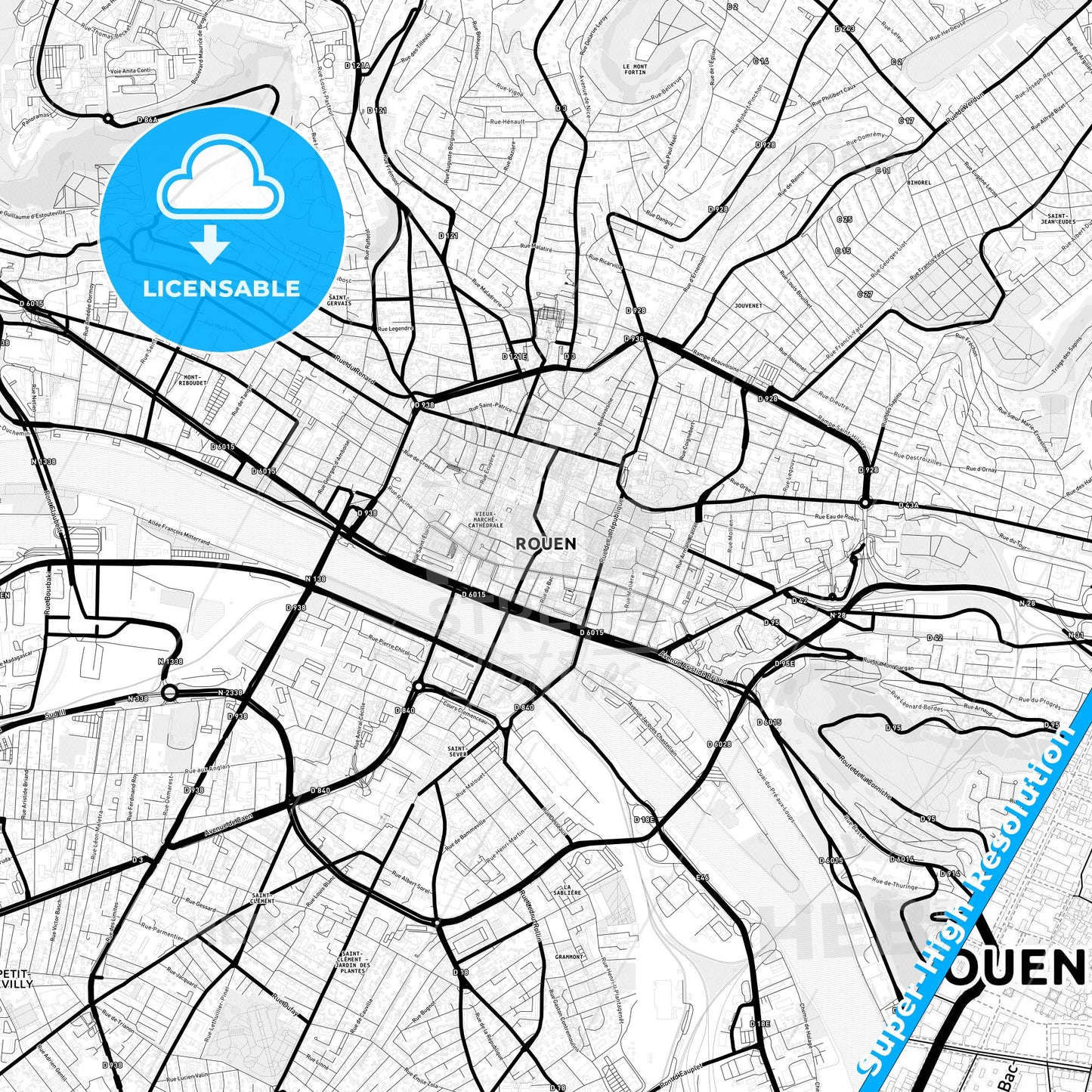 Rouen, France Light Map with Street Names, City Names, and Districts
