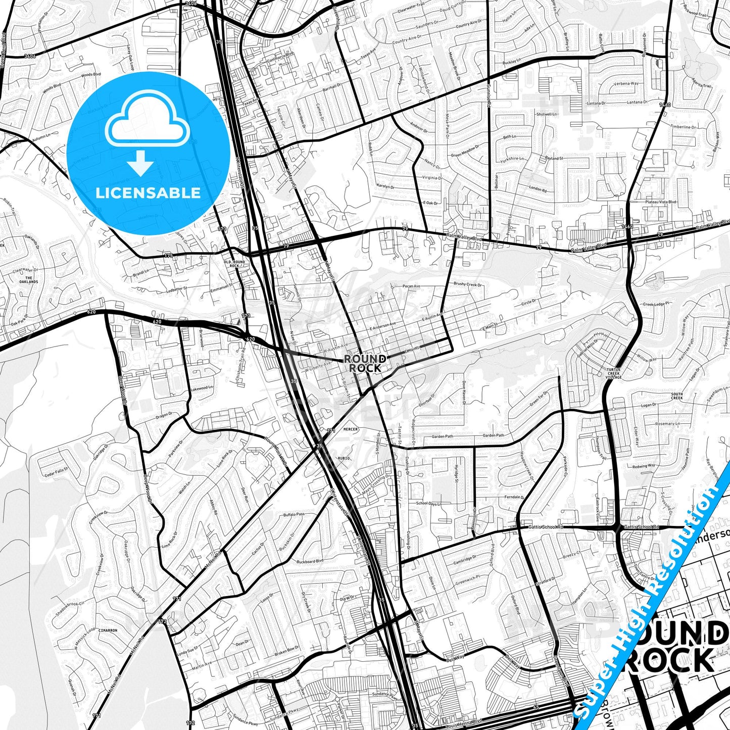Round Rock, Texas Light Map with Street Names, City Names, and Districts