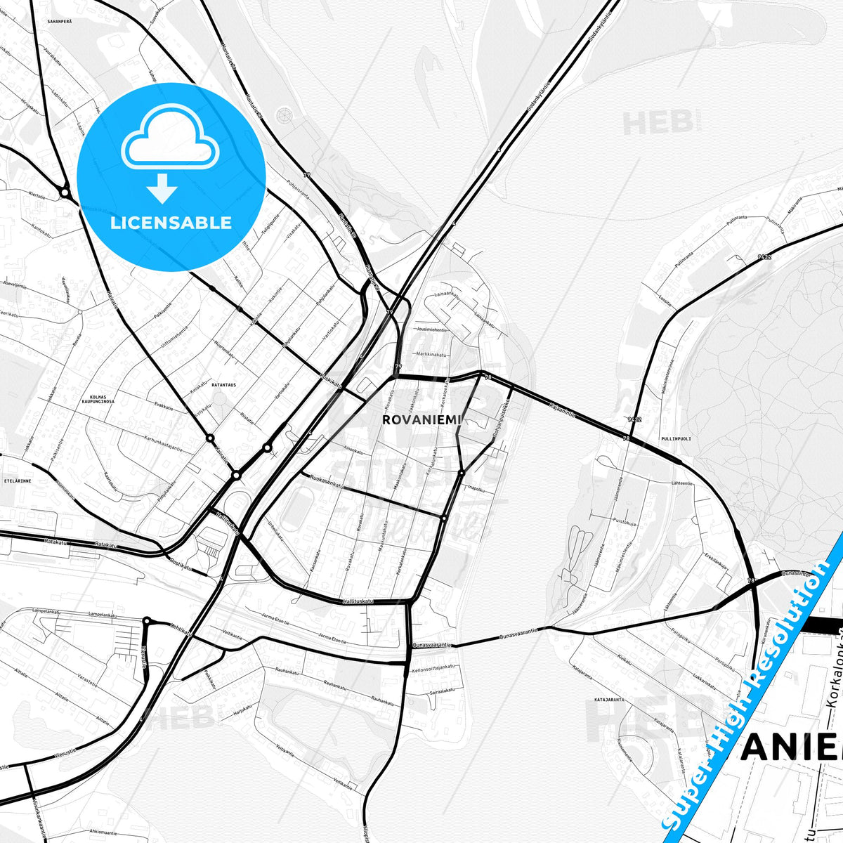 Rovaniemi, Finland Light Map with Street Names, City Names, and Districts