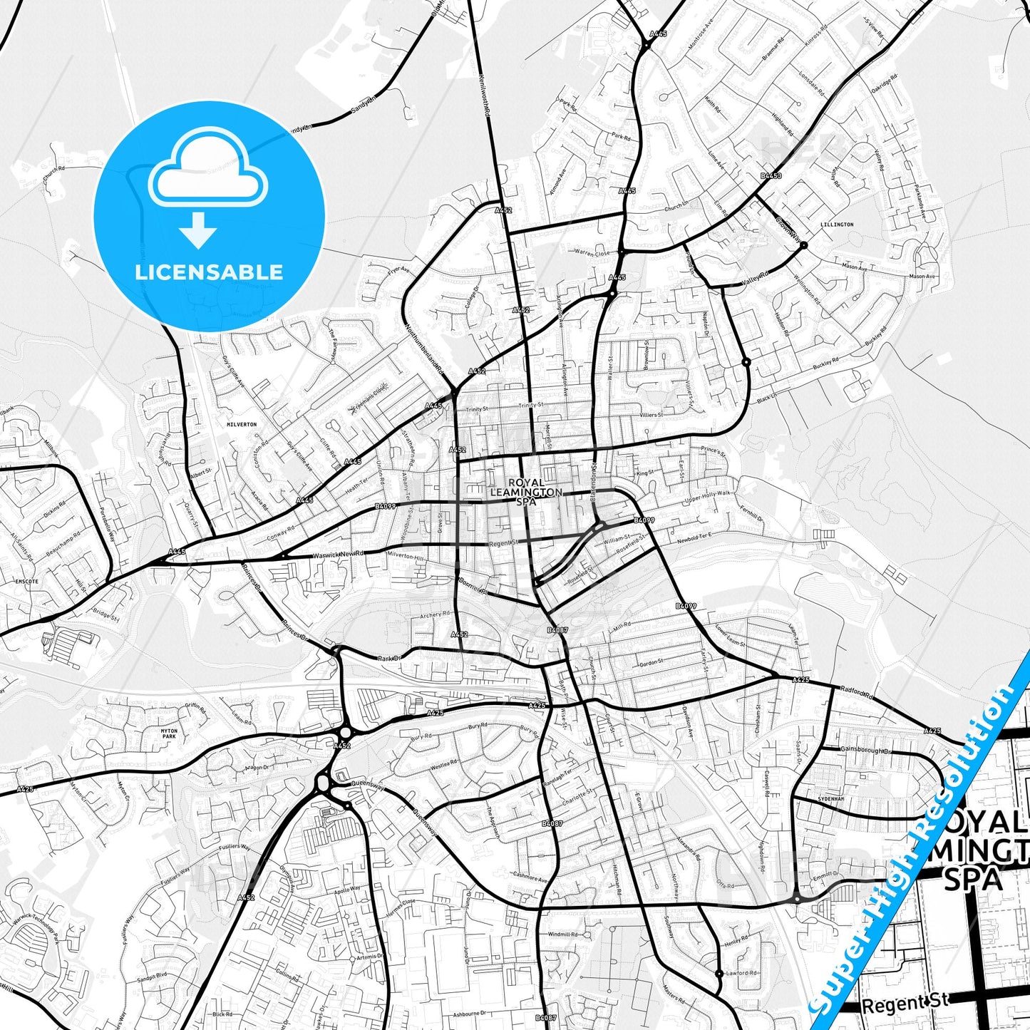 Royal Leamington Spa, England Light Map with Street Names, City Names, and Districts