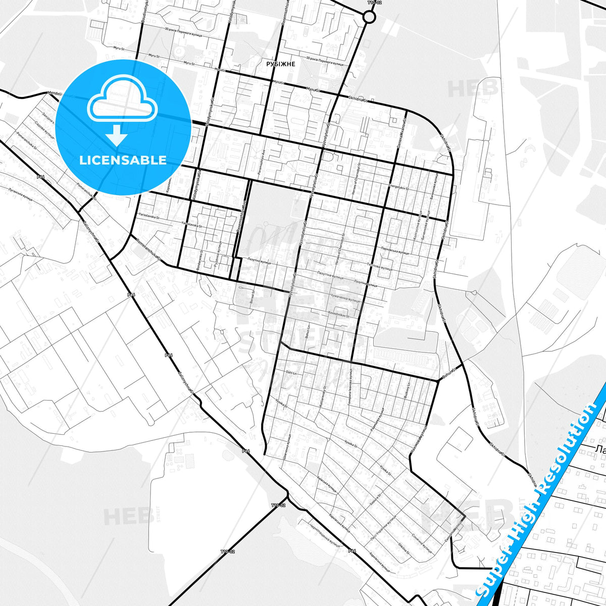 Rubizhne, Ukraine Light Map with Street Names, City Names, and Districts