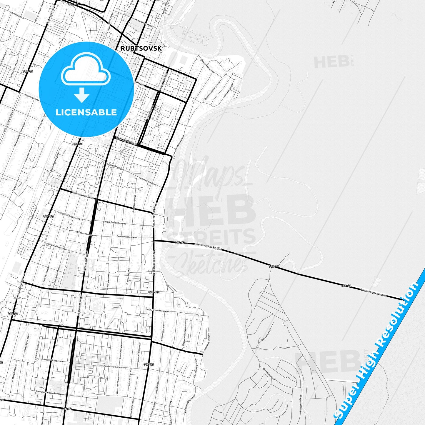 Rubtsovsk, Russia Light Map with Street Names, City Names, and Districts