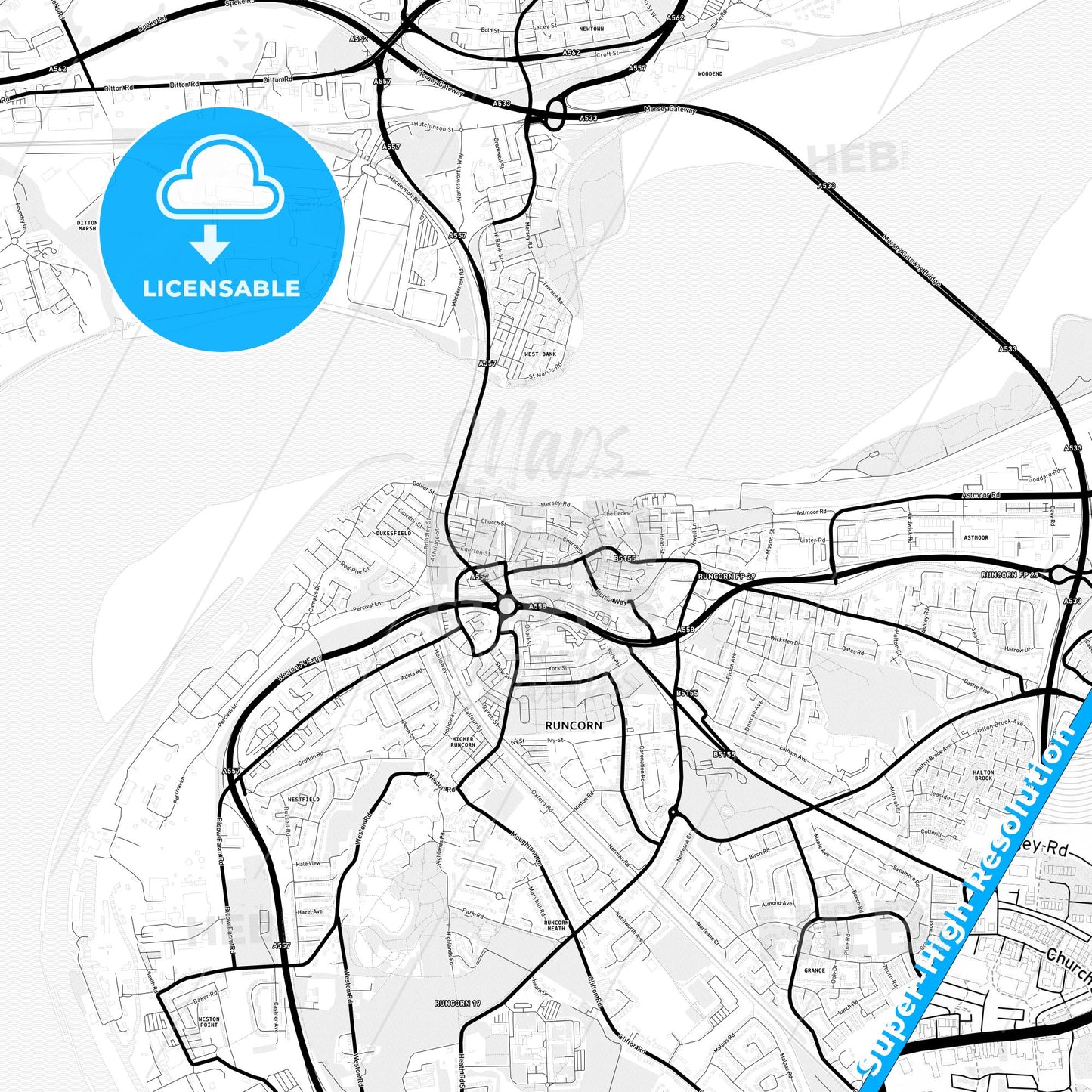 Runcorn, England Light Map with Street Names, City Names, and Districts