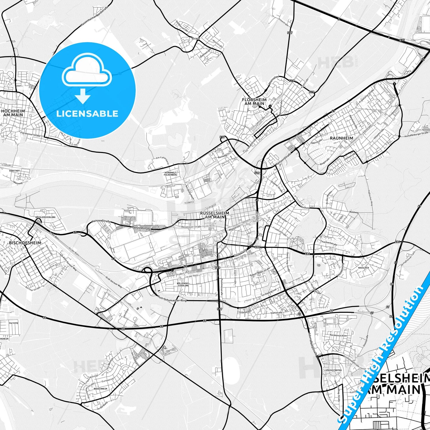 Russelsheim am Main, Germany Light Map with Street Names, City Names, and Districts