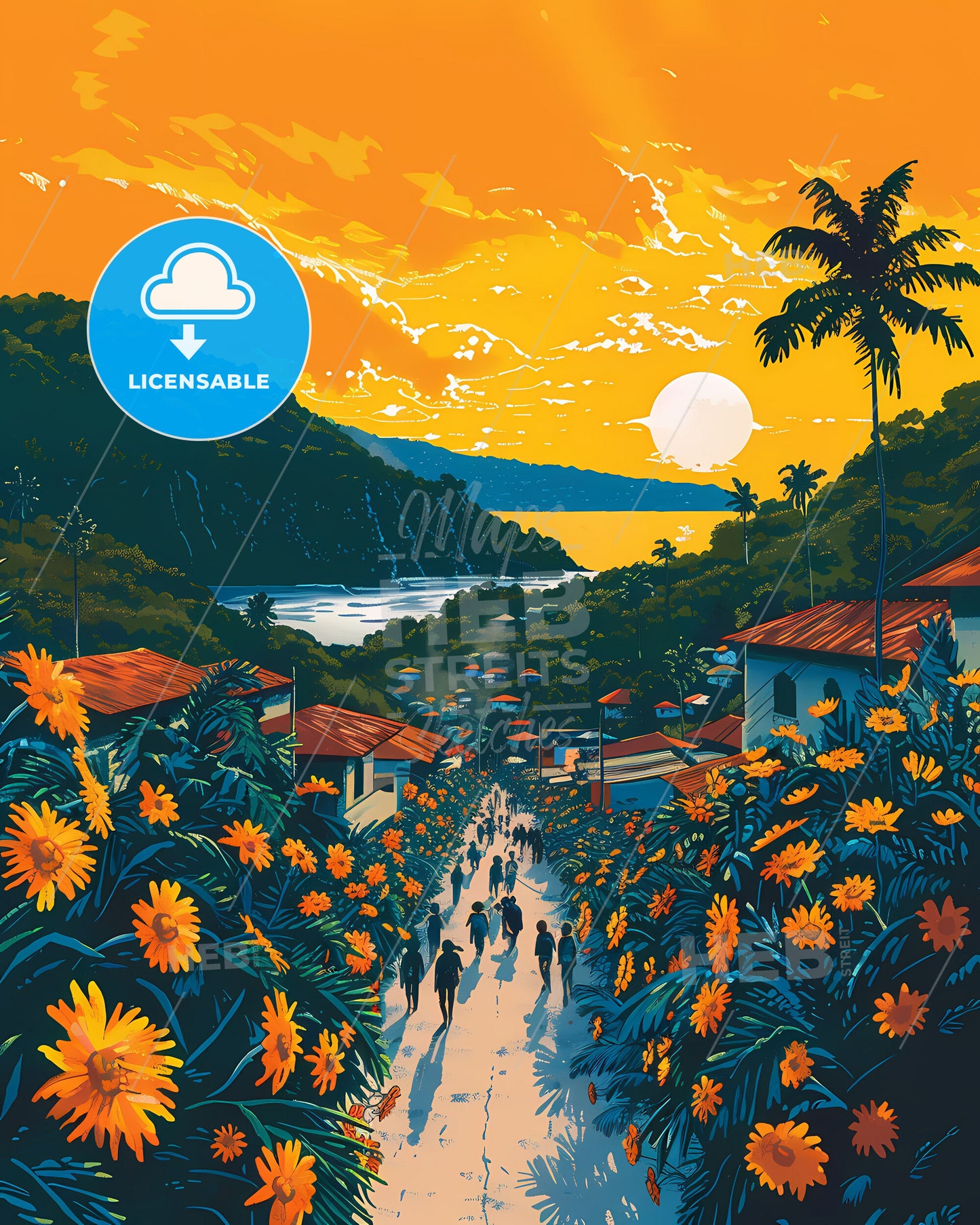 African Street Scene Painting: Vibrant Rwanda Cityscape with Flowers and Trees