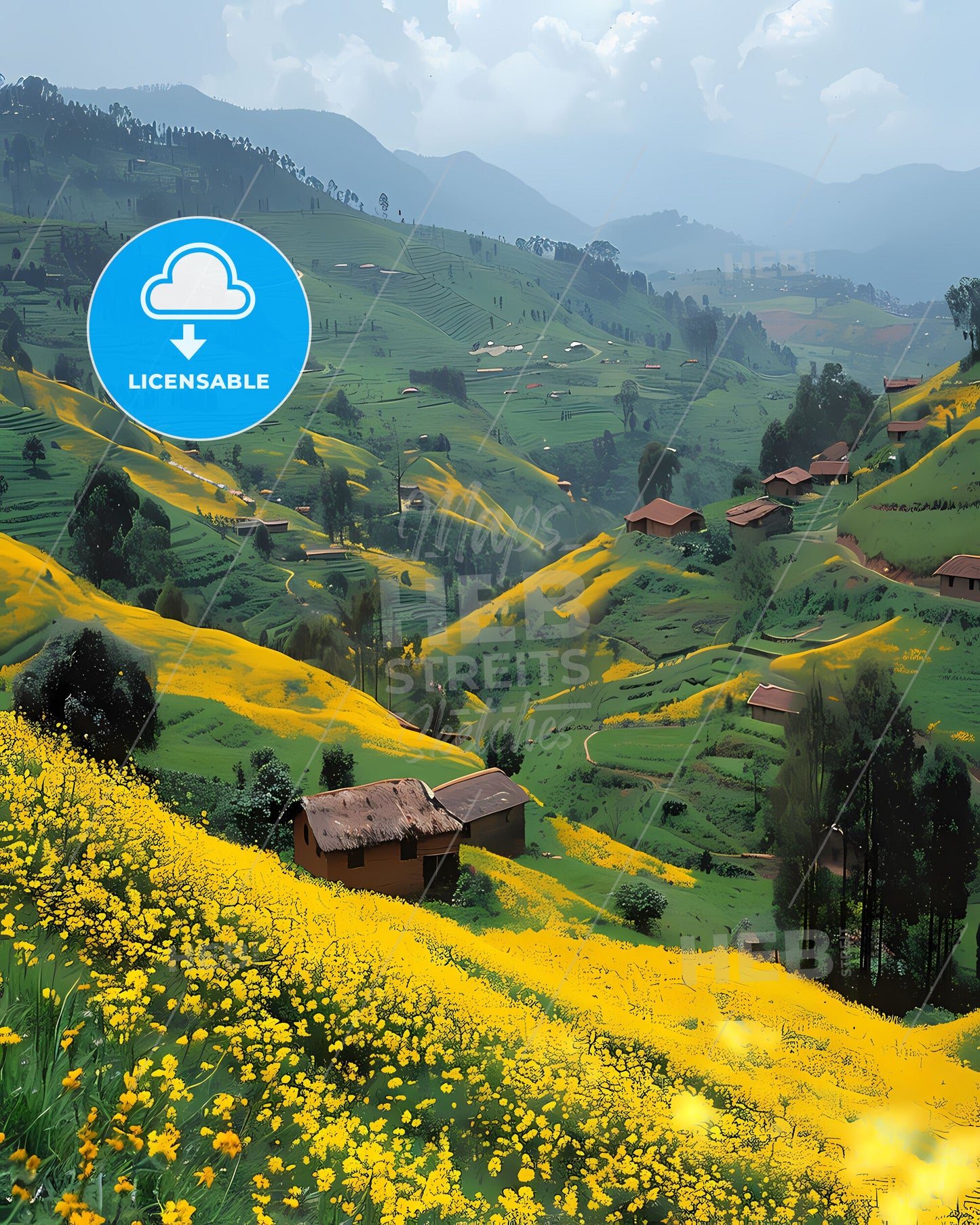 Vibrant Rwanda Hillscape Painting Depicting Lush Greenery, Golden Blooms, and Traditional Houses