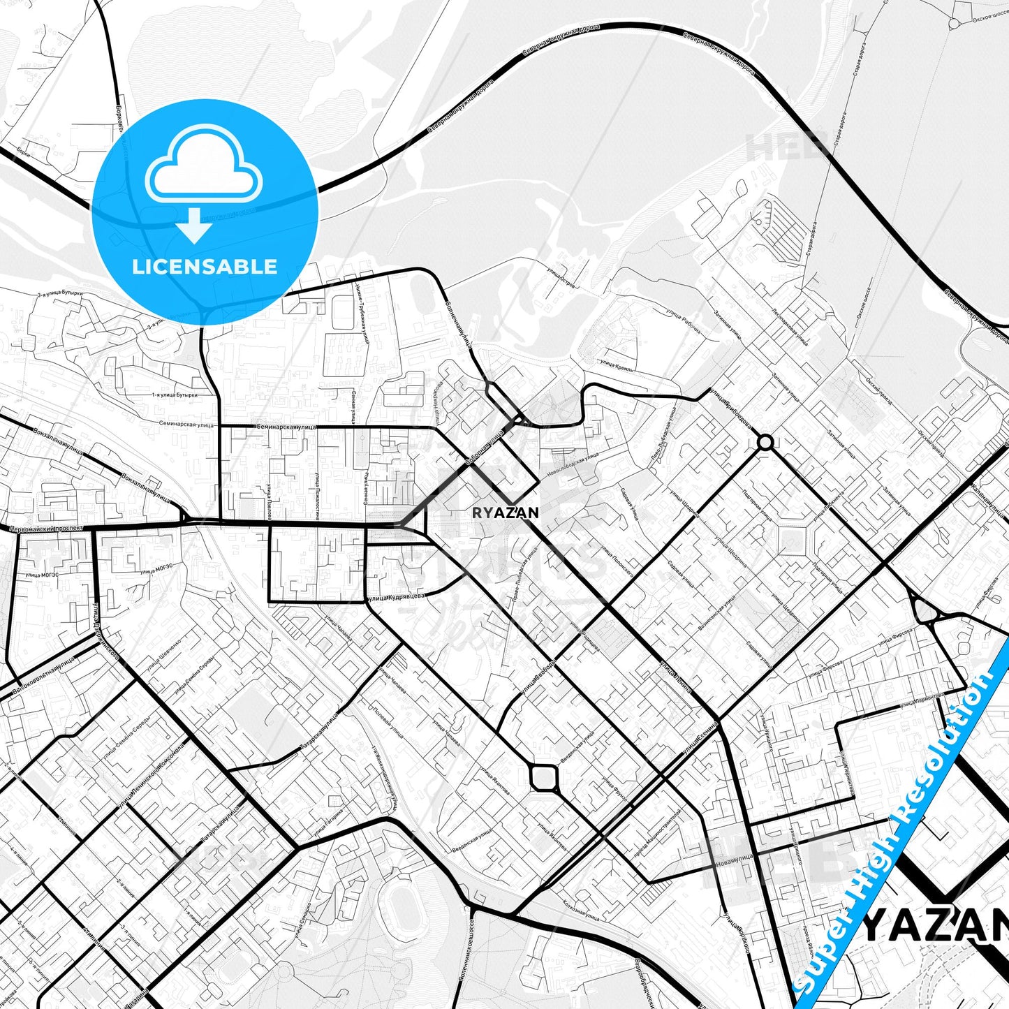 Ryazan, Russia Light Map with Street Names, City Names, and Districts