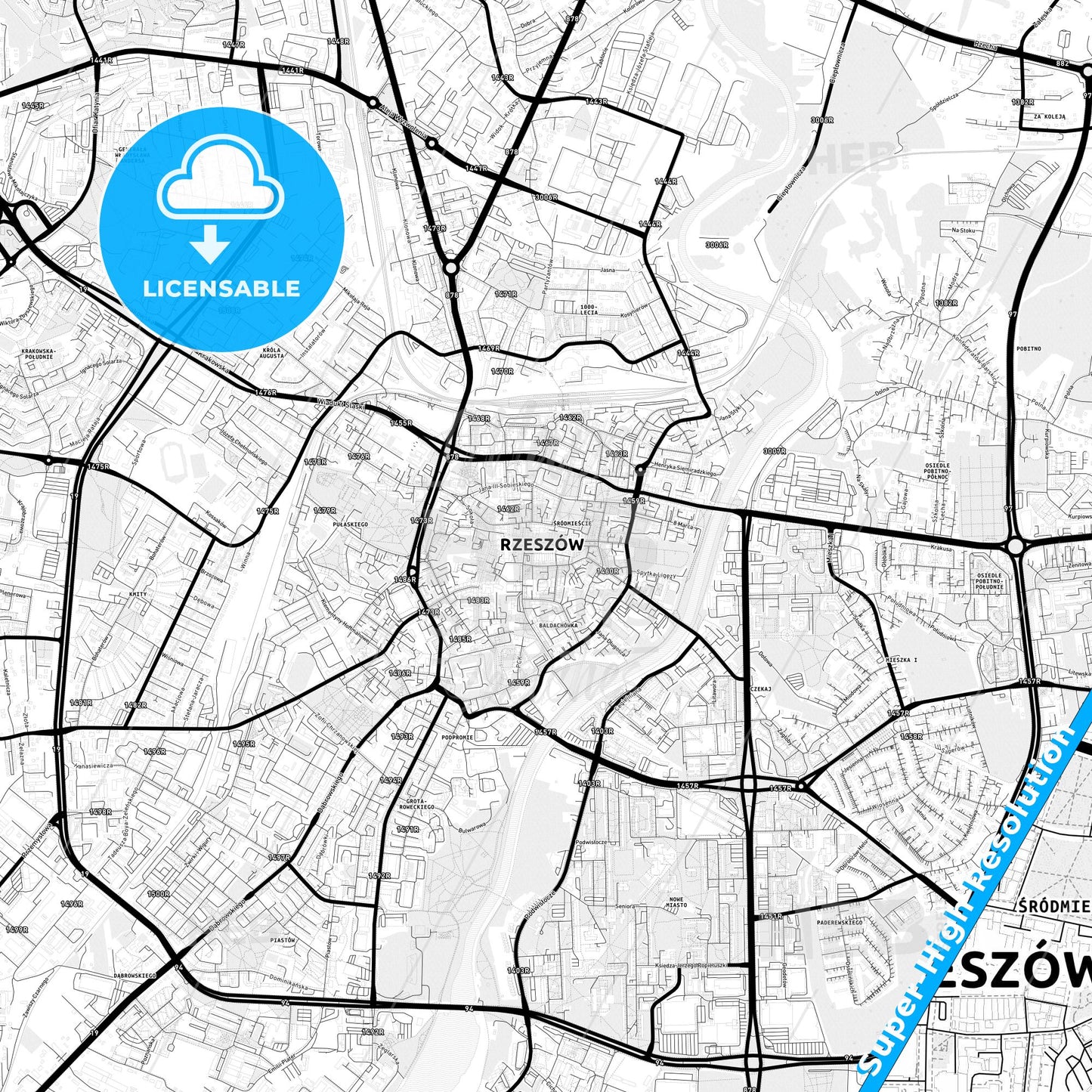 Rzeszów, Poland Light Map with Street Names, City Names, and Districts