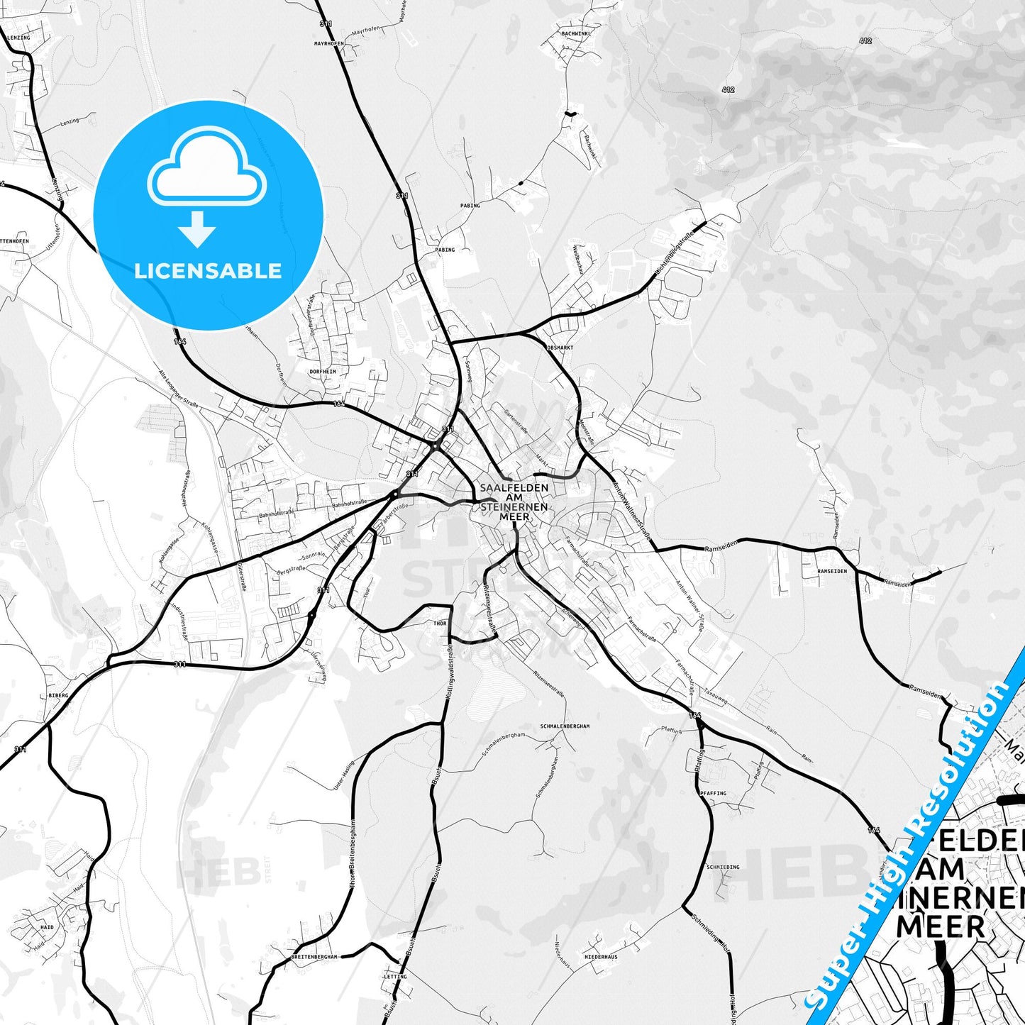 Saalfelden, Austria Light Map with Street Names, City Names, and Districts