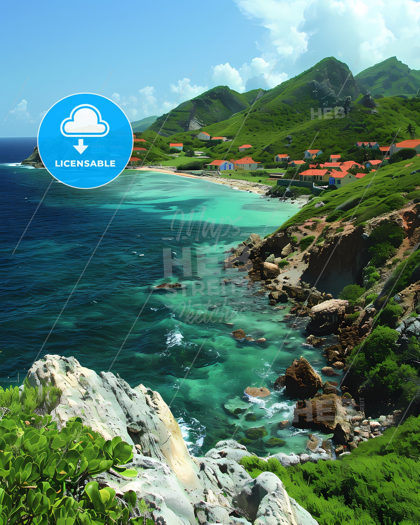 Vibrant Beach Art: Saba, North America, Houses, Ocean, Painting, Landscape