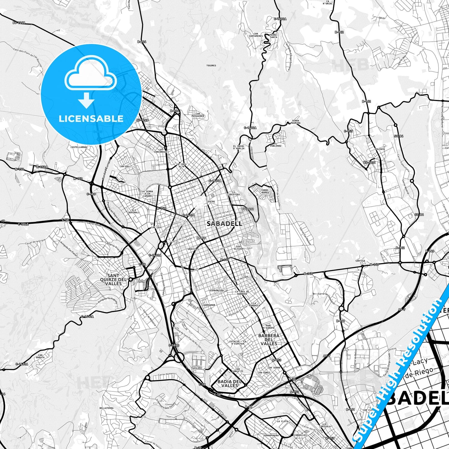 Sabadell, Spain Light Map with Street Names, City Names, and Districts