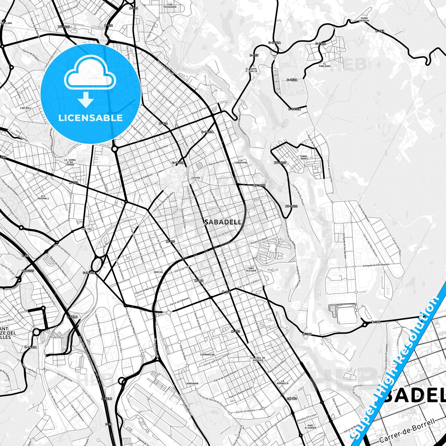 Sabadell, Spain Light Map with Street Names, City Names, and Districts
