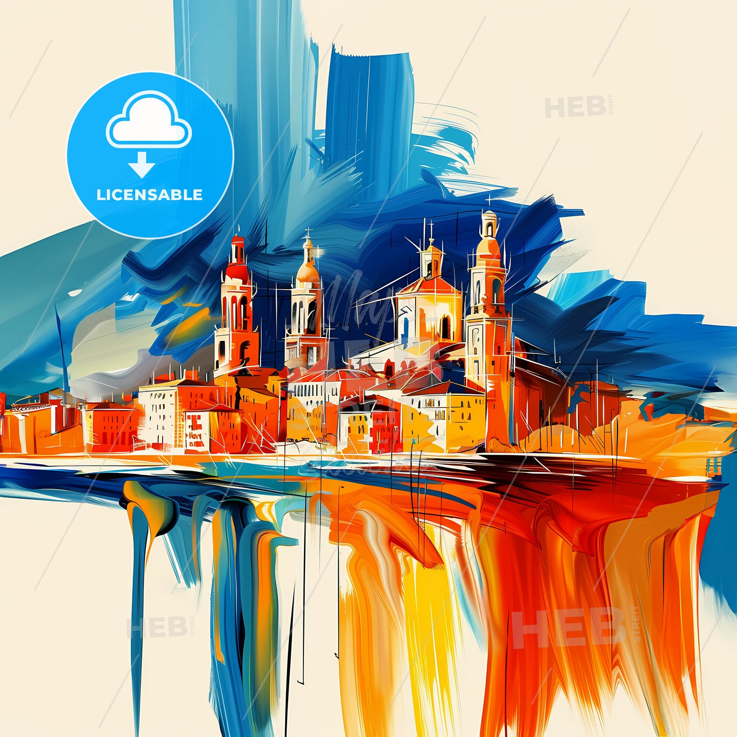 Vibrant Sabadell, Spain - A Painting Of A Skyline With A Colorful Building