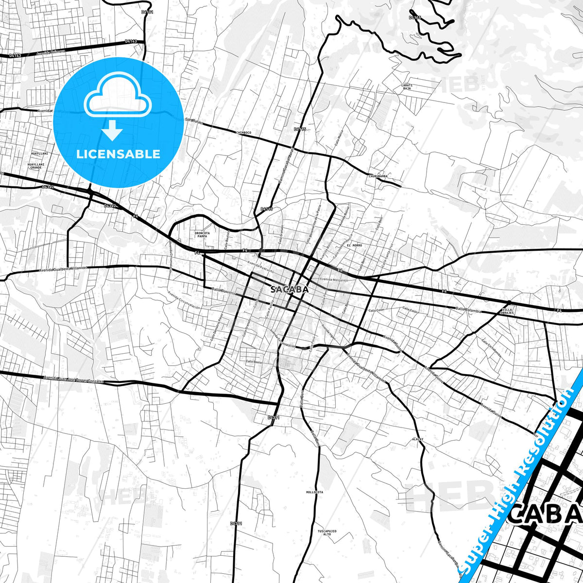 Sacaba, Bolivia Light Map with Street Names, City Names, and Districts
