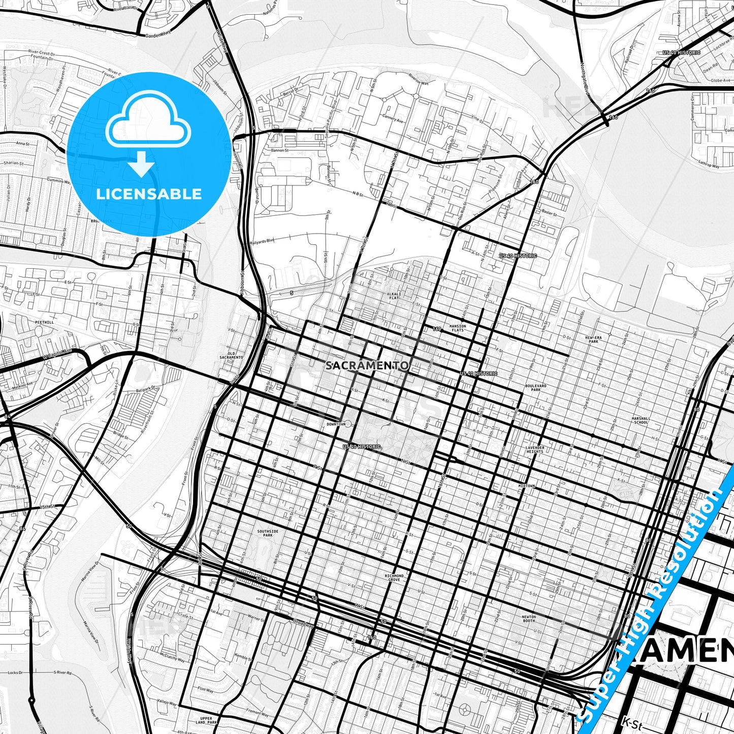 Sacramento, California Light Map with Street Names, City Names, and Districts