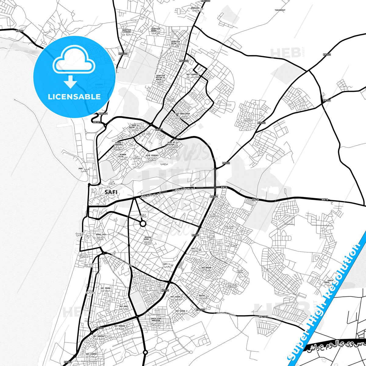 Safi, Morocco Light Map with Street Names, City Names, and Districts