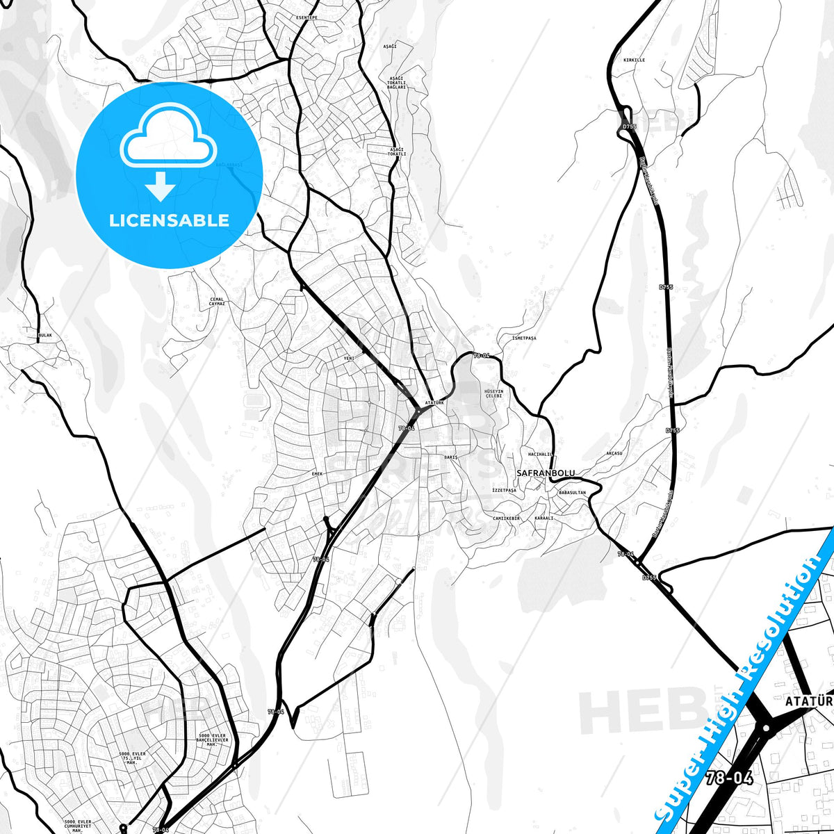 Safranbolu, Turkey Light Map with Street Names, City Names, and Districts