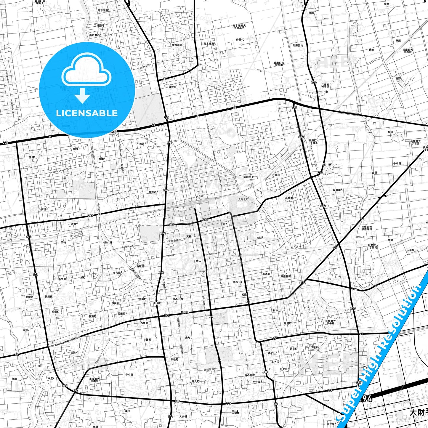 Saga, Japan Light Map with Street Names, City Names, and Districts