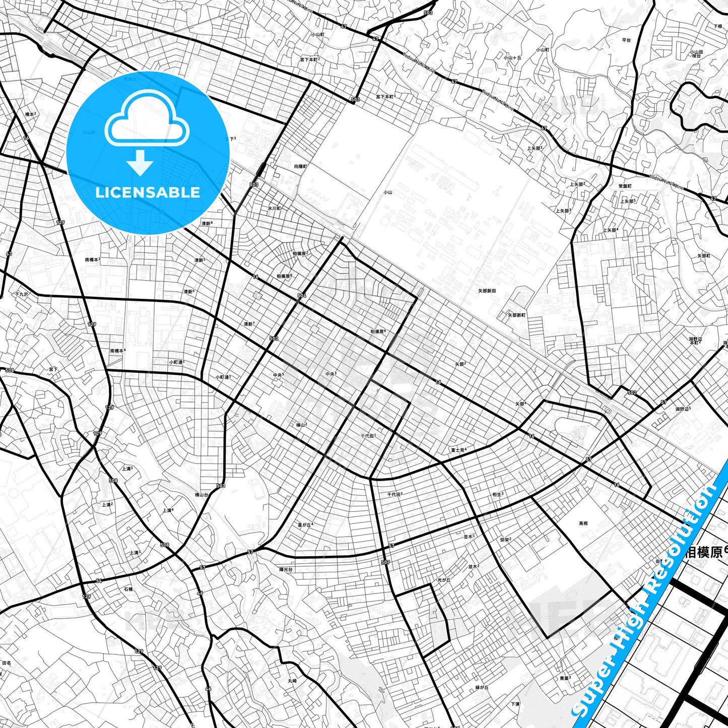 Sagamihara, Japan Light Map with Street Names, City Names, and Districts