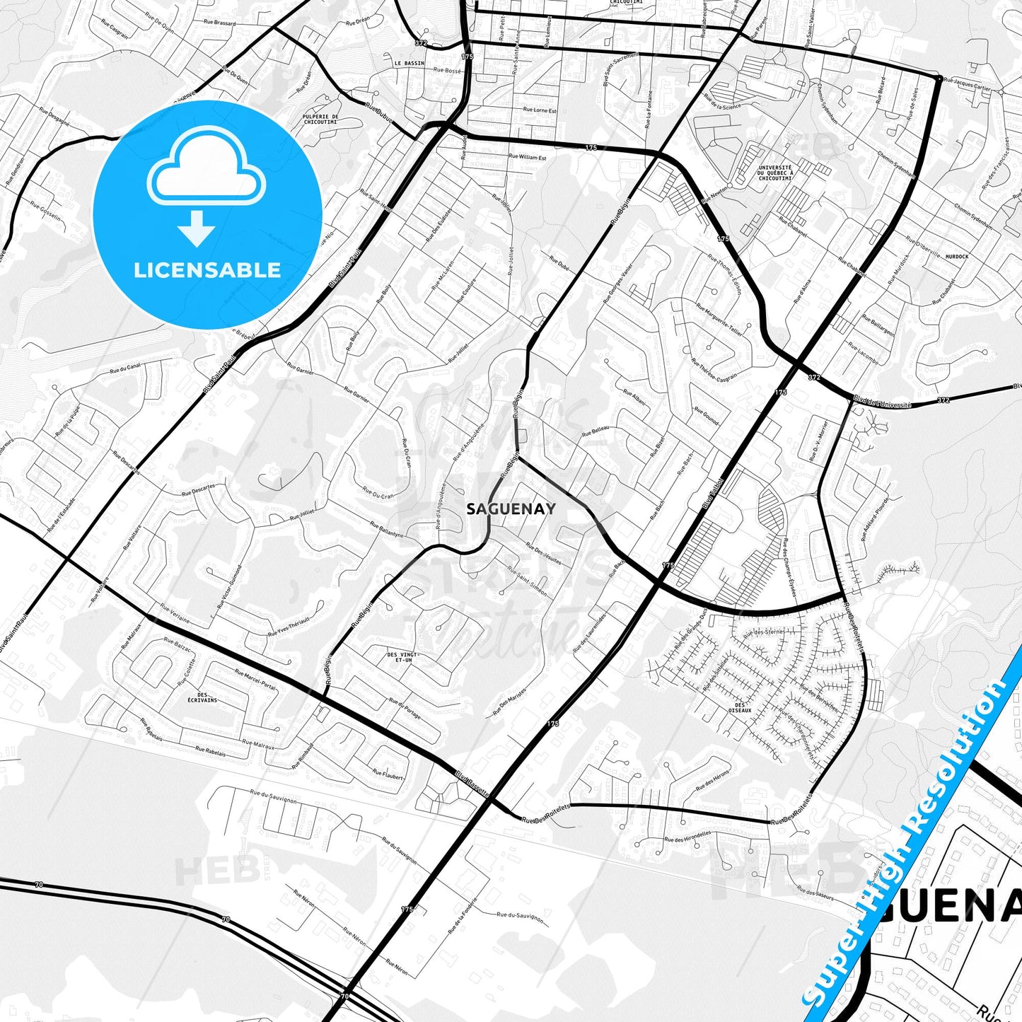 Saguenay, Canada Light Map with Street Names, City Names, and Districts