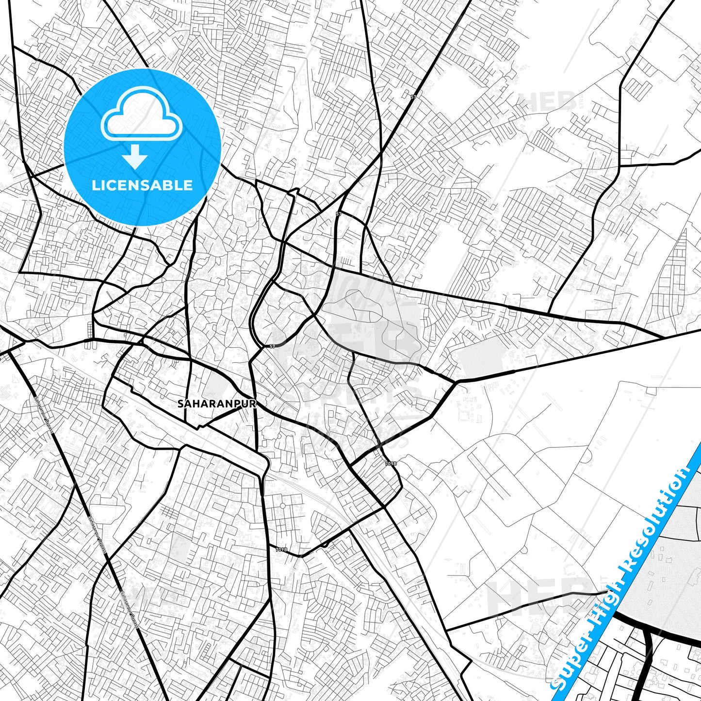 Saharanpur, India Light Map with Street Names, City Names, and Districts