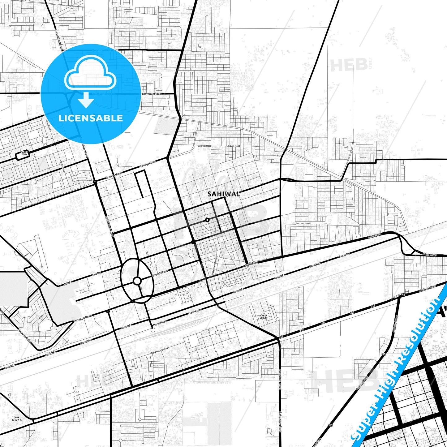 Sahiwal, Pakistan Light Map with Street Names, City Names, and Districts