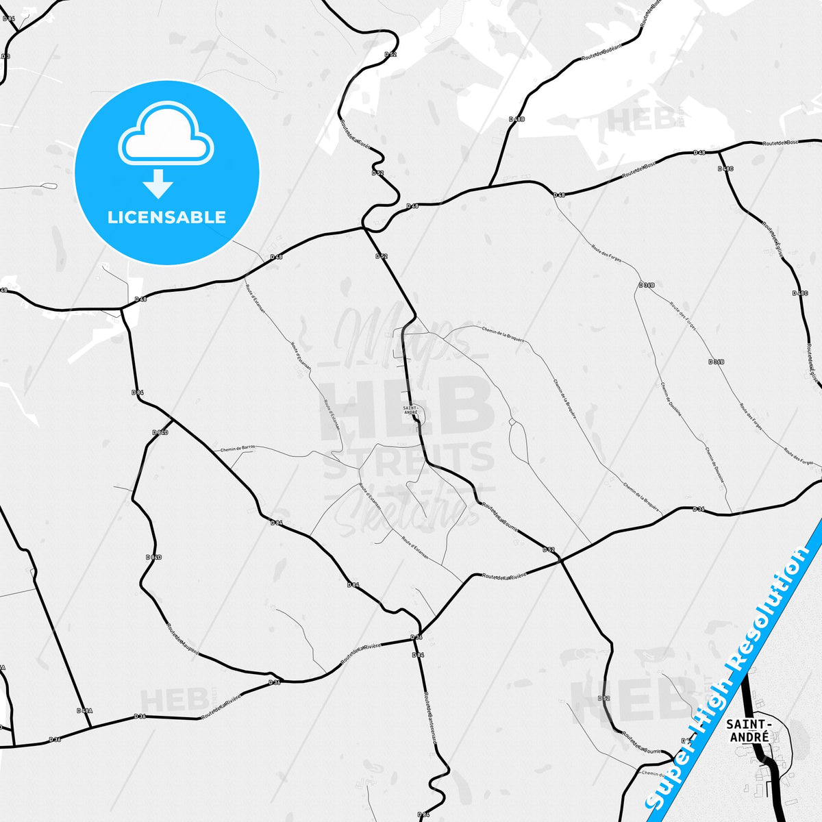 Saint-André, France Light Map with Street Names, City Names, and Districts