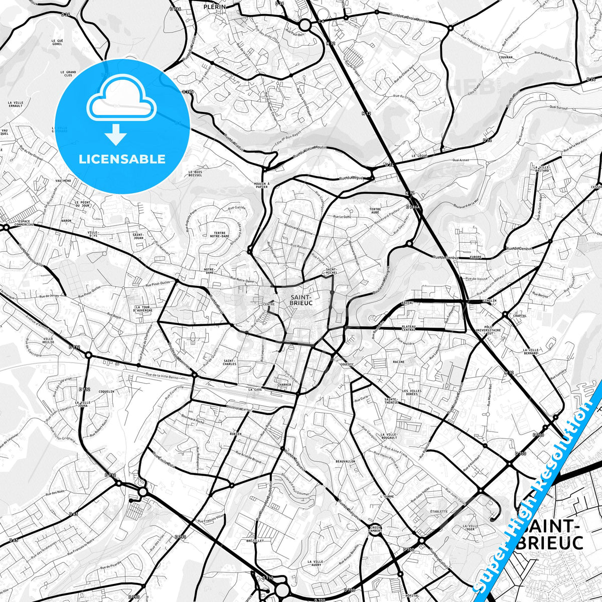 Saint-Brieuc, France Light Map with Street Names, City Names, and Districts