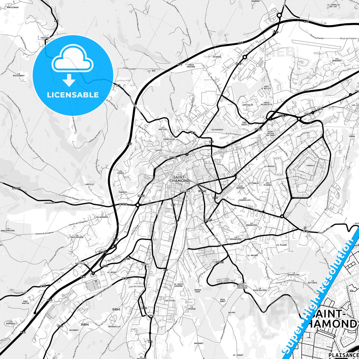 Saint-Chamond, France Light Map with Street Names, City Names, and Districts