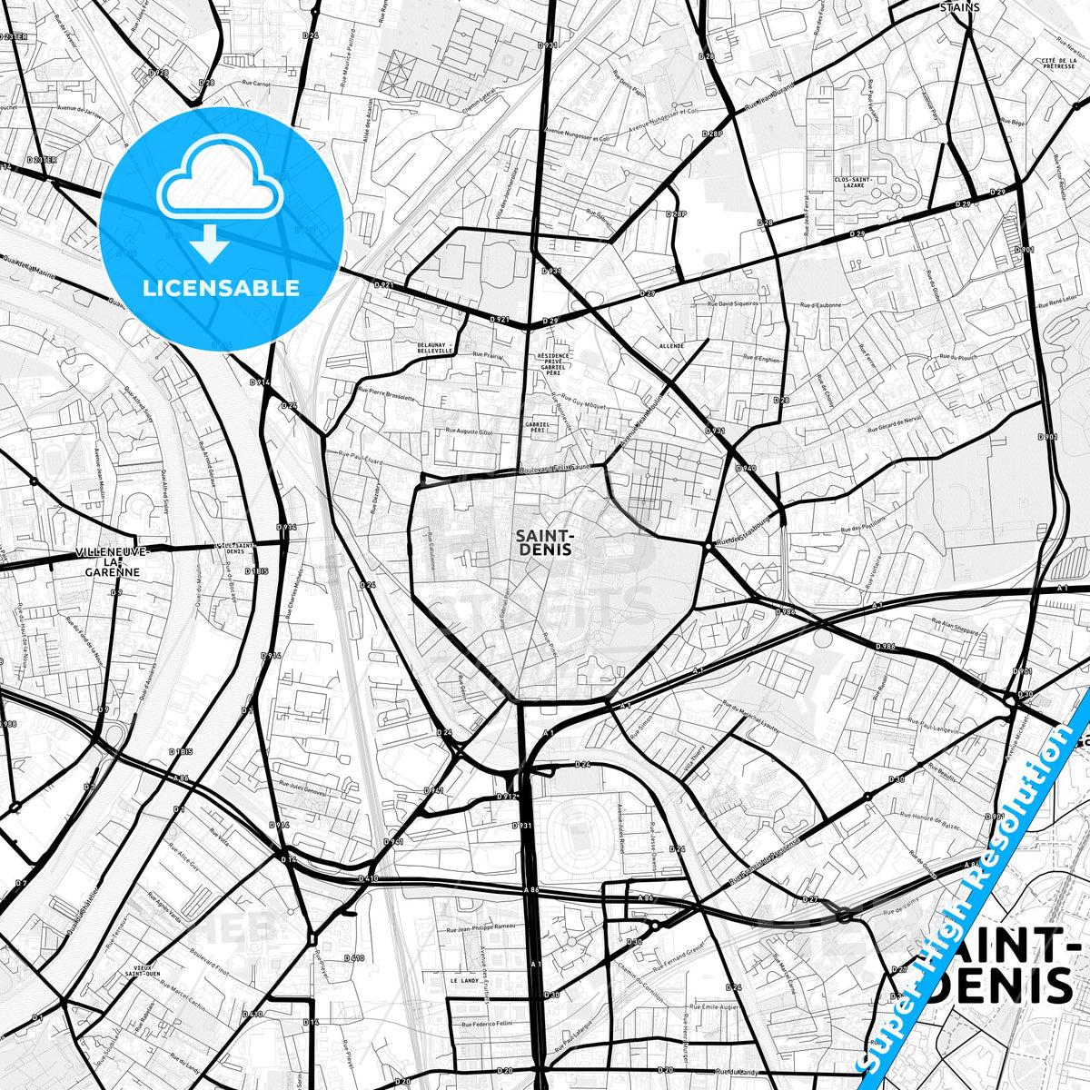Saint-Denis, France Light Map with Street Names, City Names, and Districts