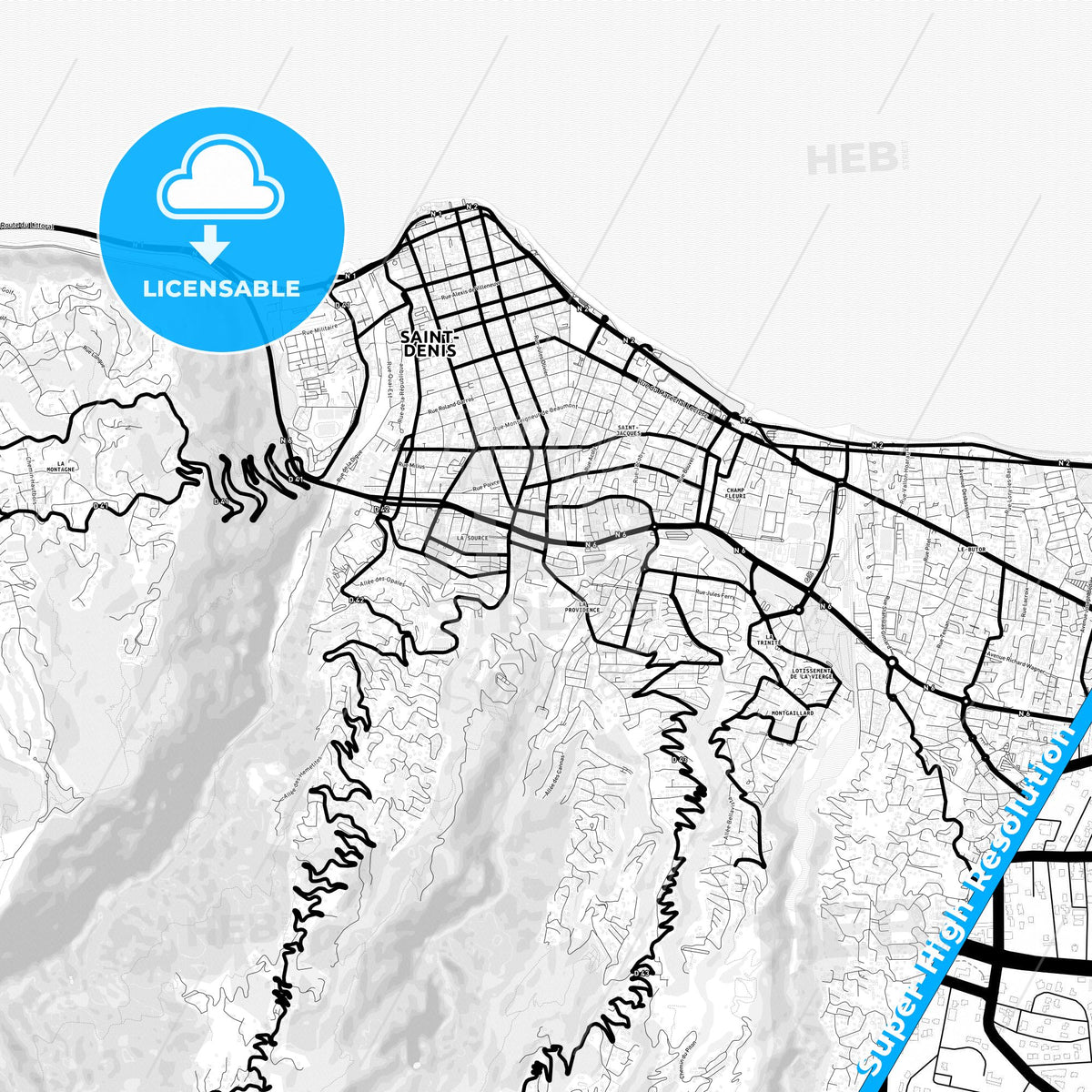 Saint-Denis, Reunion Light Map with Street Names, City Names, and Districts