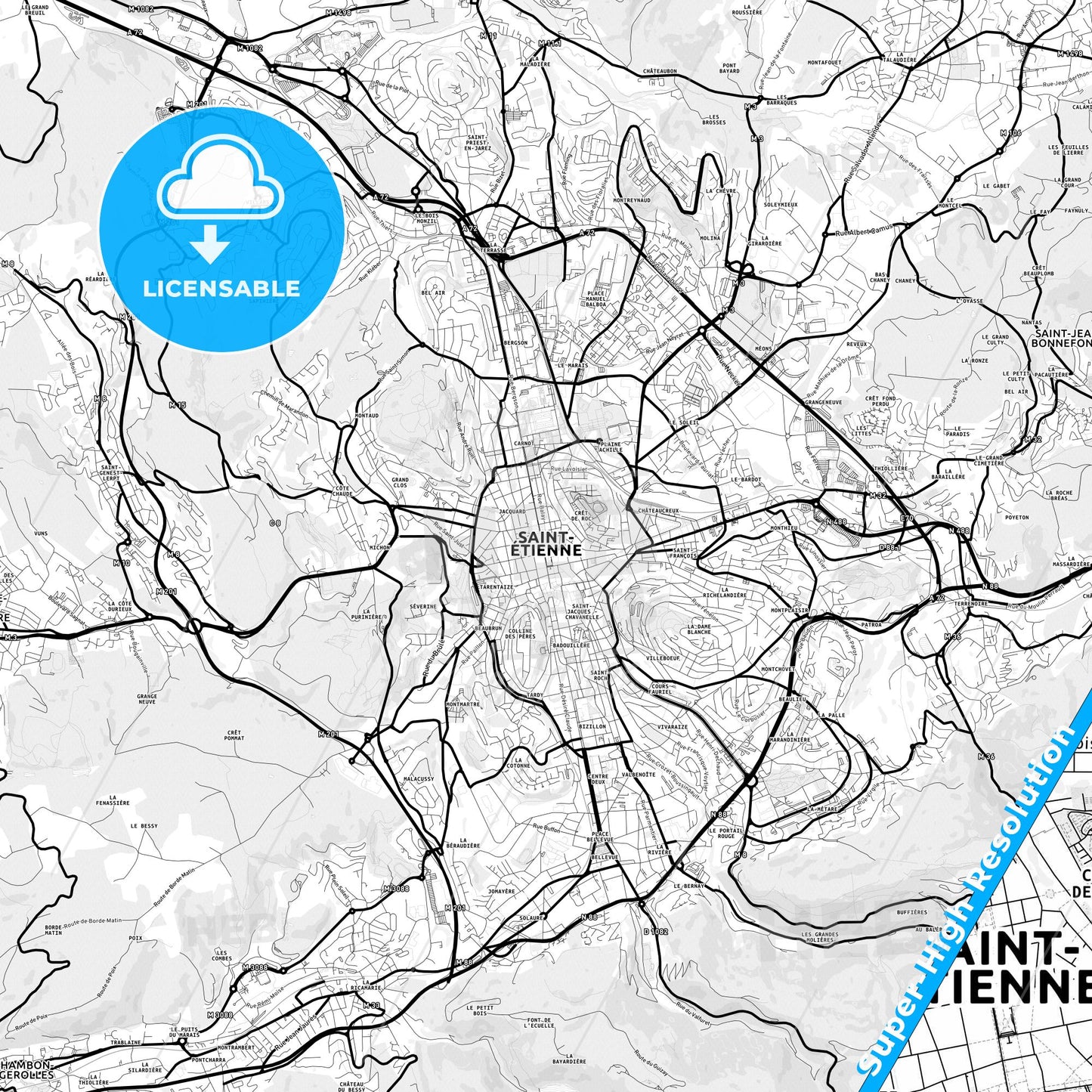 Saint-Étienne, France Light Map with Street Names, City Names, and Districts