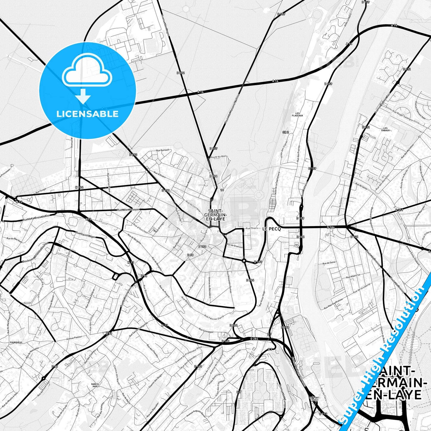 Saint-Germain-en-Laye, France Light Map with Street Names, City Names, and Districts