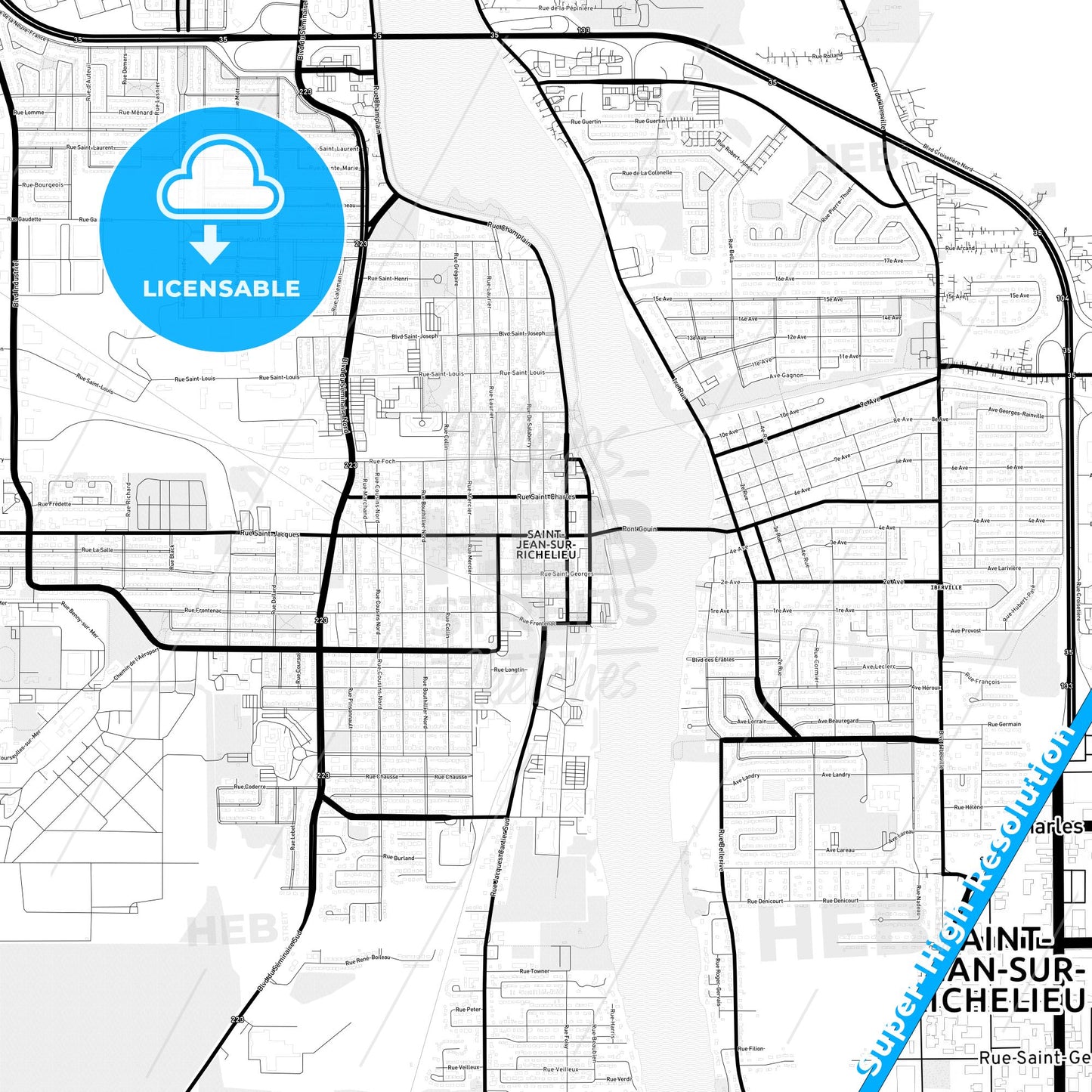 Saint-Jean-sur-Richelieu, Canada Light Map with Street Names, City Names, and Districts