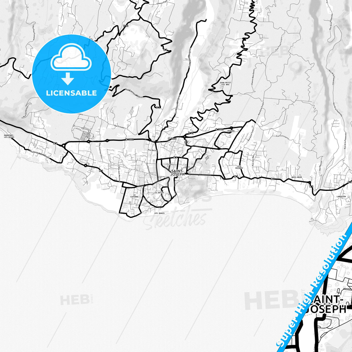 Saint-Joseph, France Light Map with Street Names, City Names, and Districts