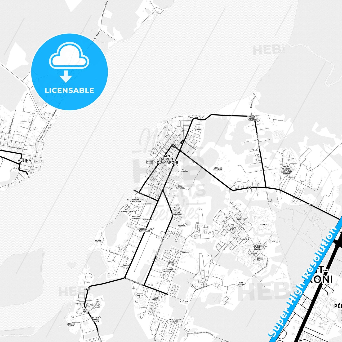 Saint-Laurent-du-Maroni, France Light Map with Street Names, City Names, and Districts