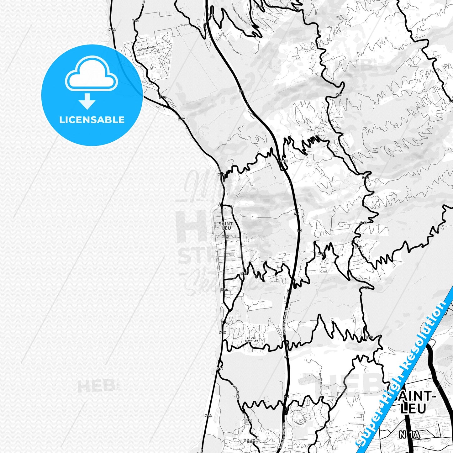 Saint-Leu, France Light Map with Street Names, City Names, and Districts