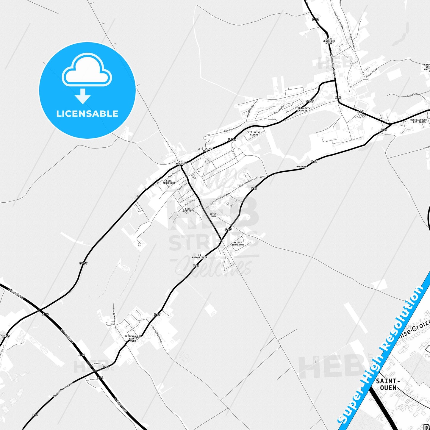 Saint-Ouen, France Light Map with Street Names, City Names, and Districts