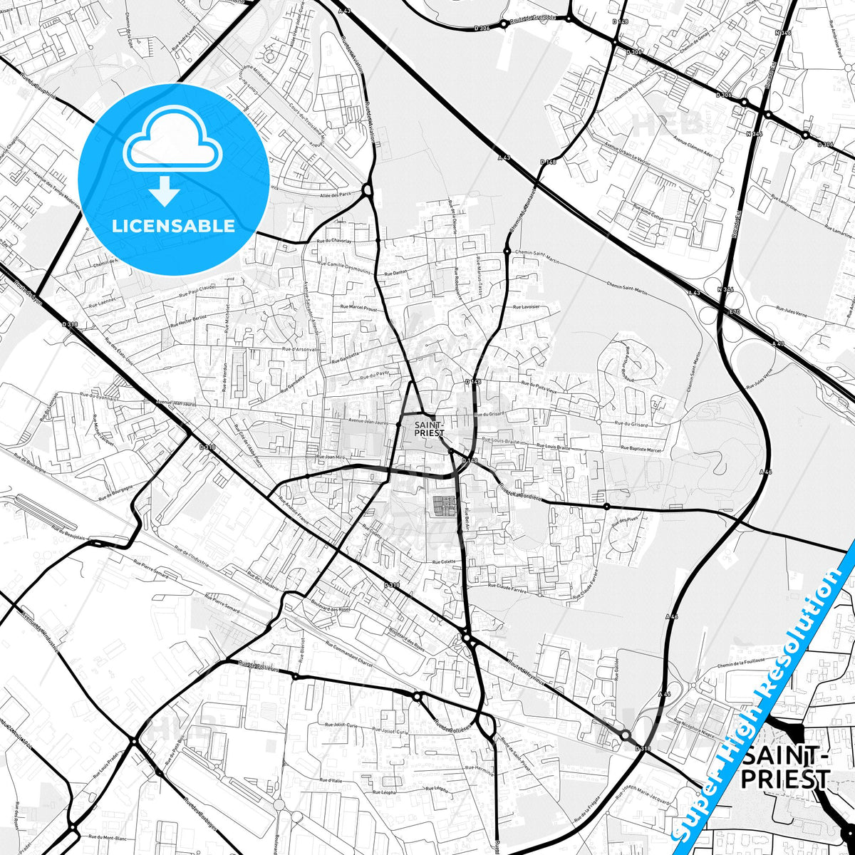 Saint-Priest, France Light Map with Street Names, City Names, and Districts