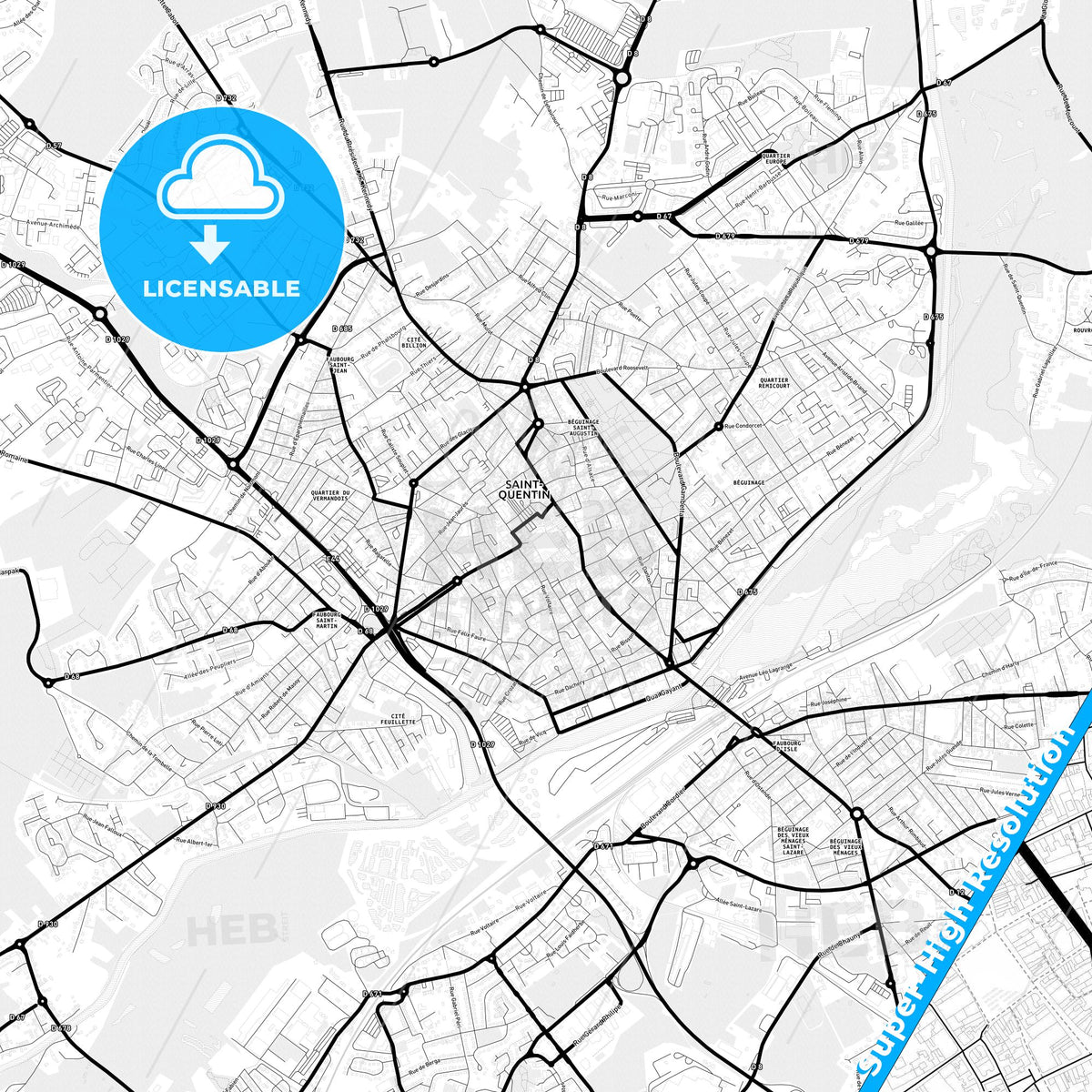 Saint-Quentin, France Light Map with Street Names, City Names, and Districts