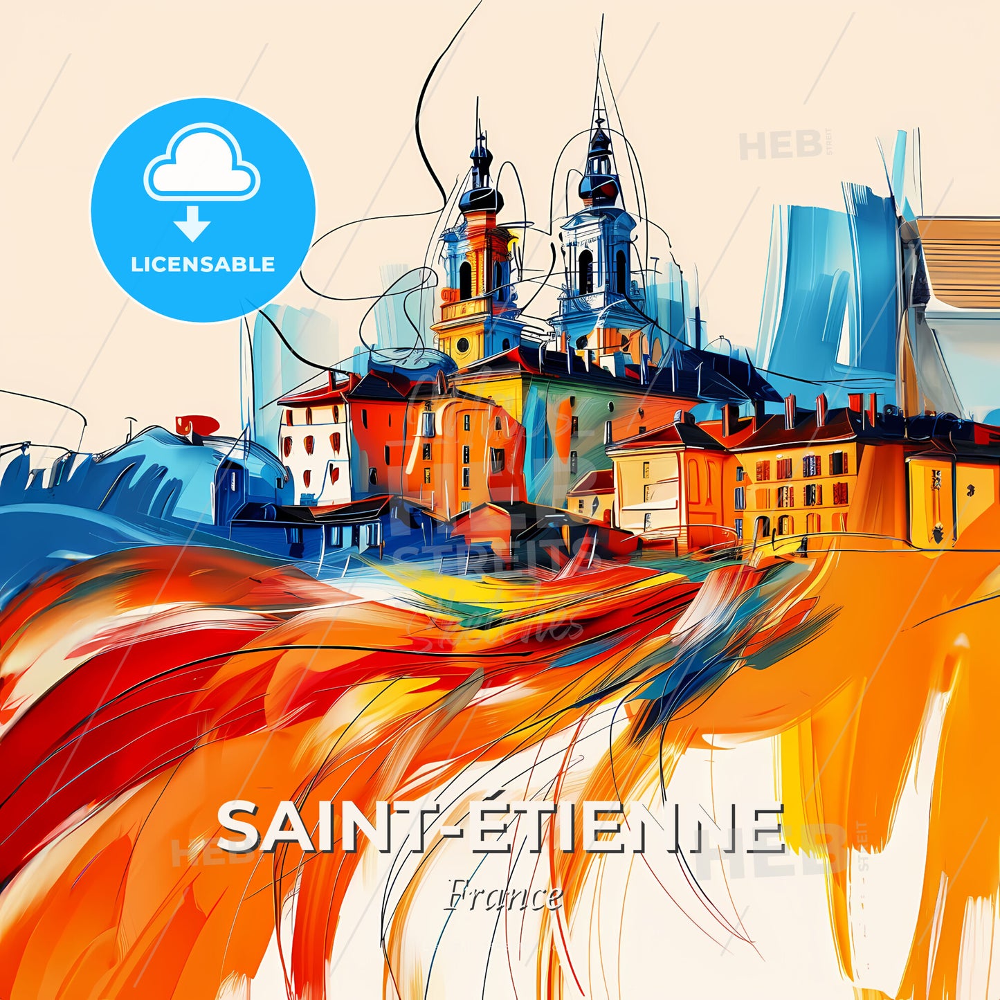 Vibrant Saint-Étienne, France - A Painting Of A City - Square format print template