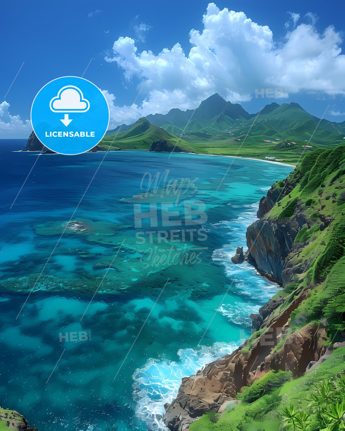 Vibrant Artistic Painting of Rocky Shore with Beach, Saint Eustatius, North America