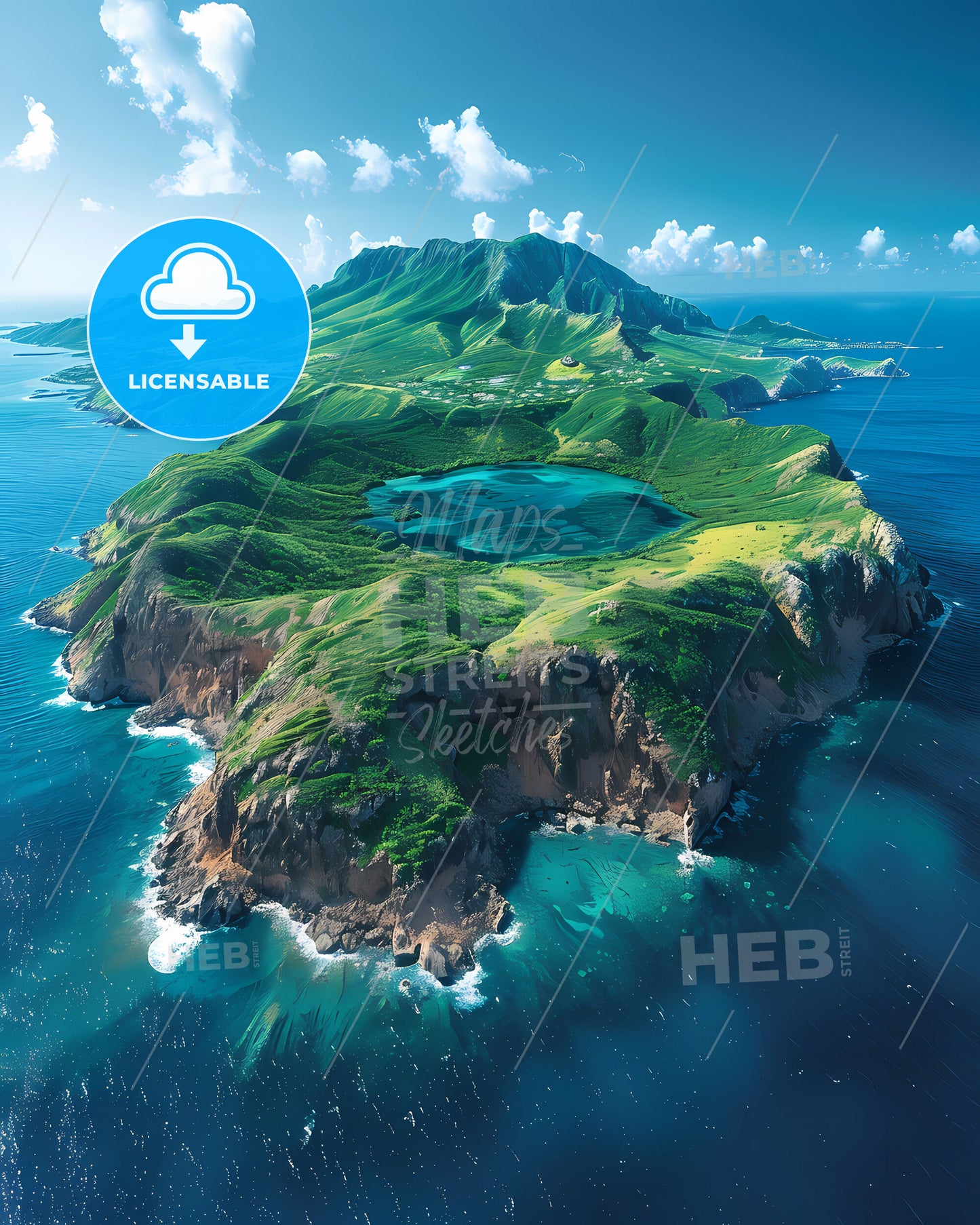 Abstract Caribbean Island with Forest Lake, Painted Artistic Landscape, Fine Art Print