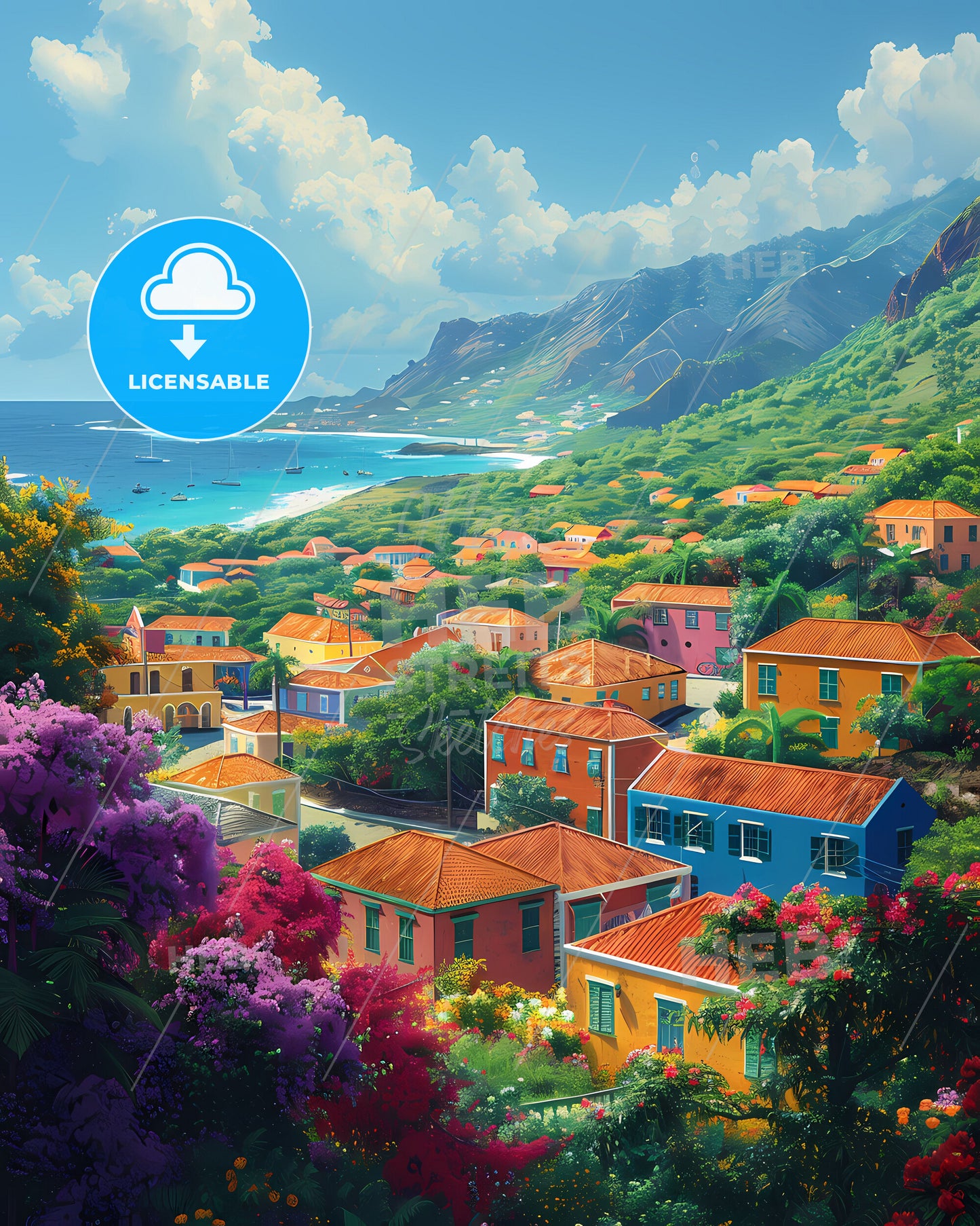 Saint Eustatius Hillside Colorful Abstract Art Houses Painting Caribbean Ocean